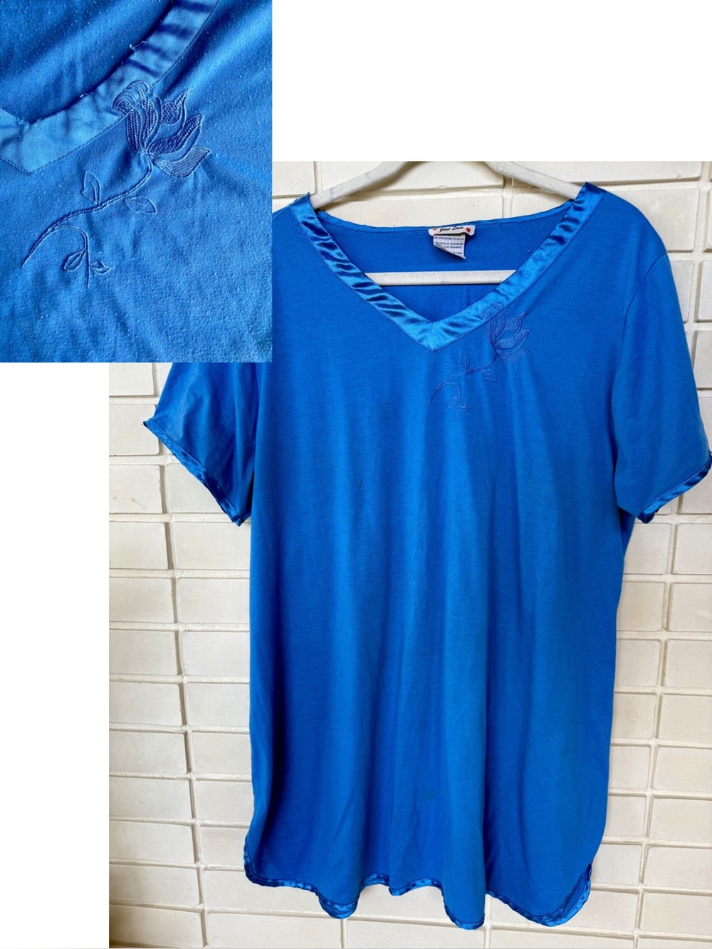 Just Love Blue Nightgown * Size XL * Grannycore * Satin Trim Embroidered Flower